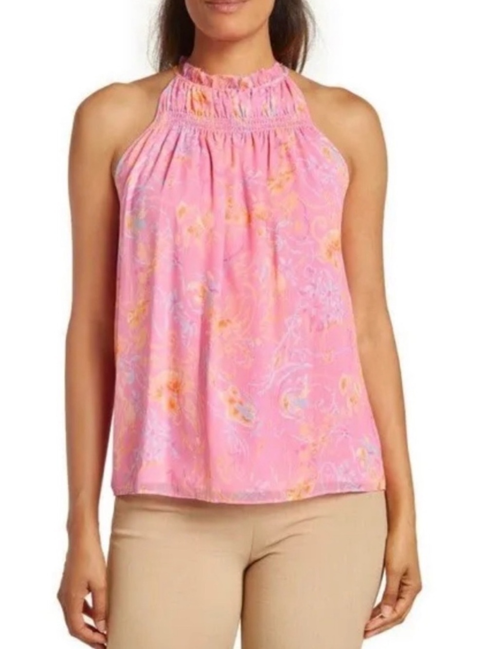 Ramy Brook Harlie Paisley Halter Neck Tank Top, Pink sz XS